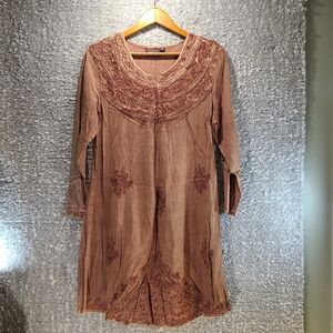 Braja Dress Womens Free Size Boho Embroidered Long Sleeve Brown Vintage Style